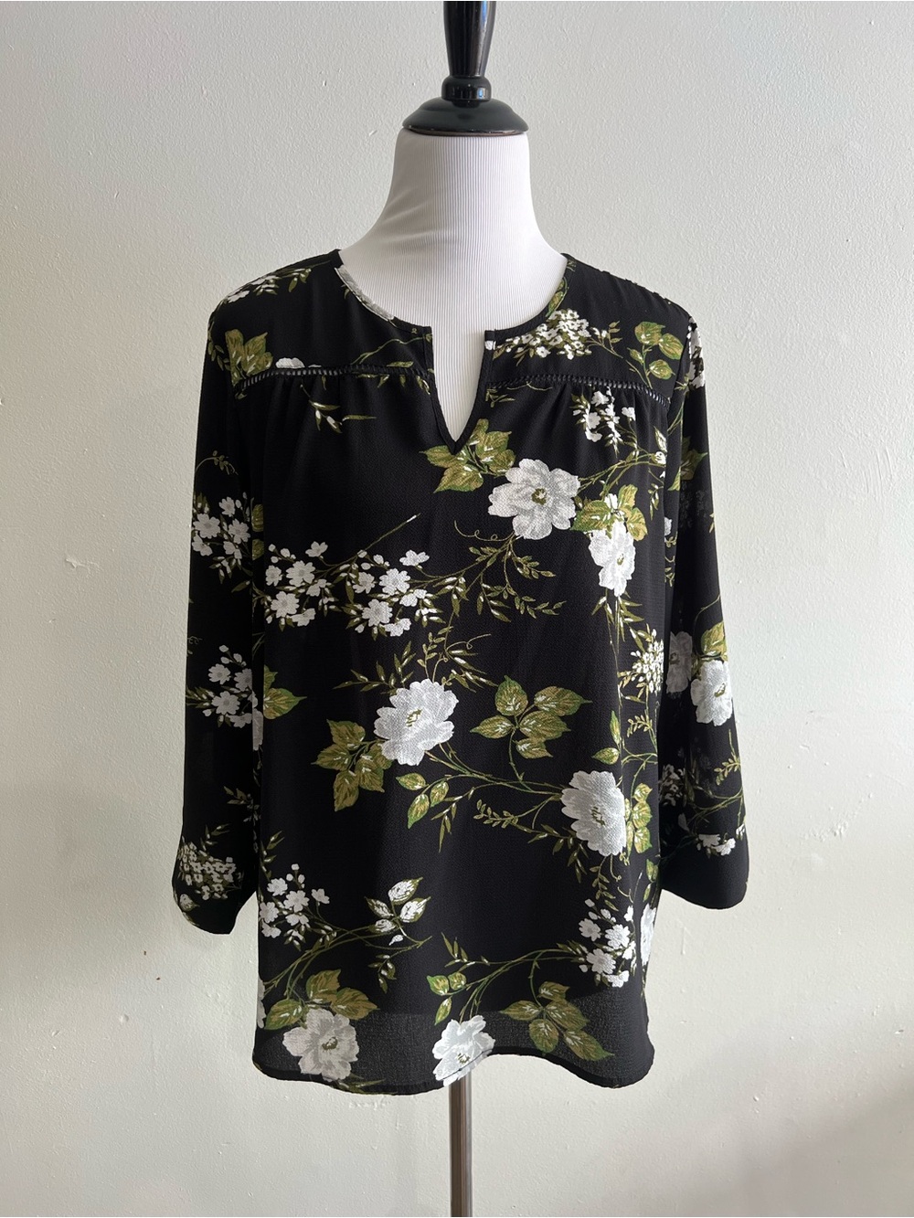 Fever Black Floral Split-Neck Blouse with White & Olive Flowers